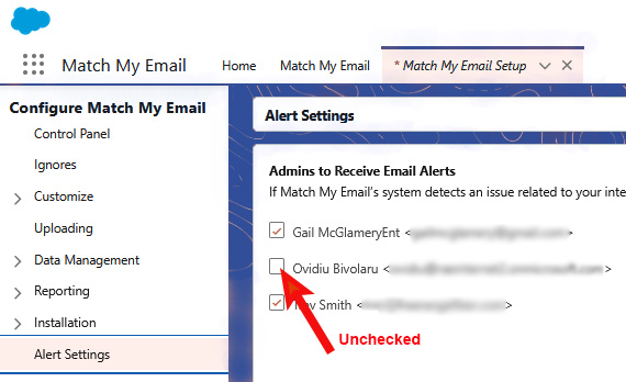 Uncheck Admin for receiving Alerts